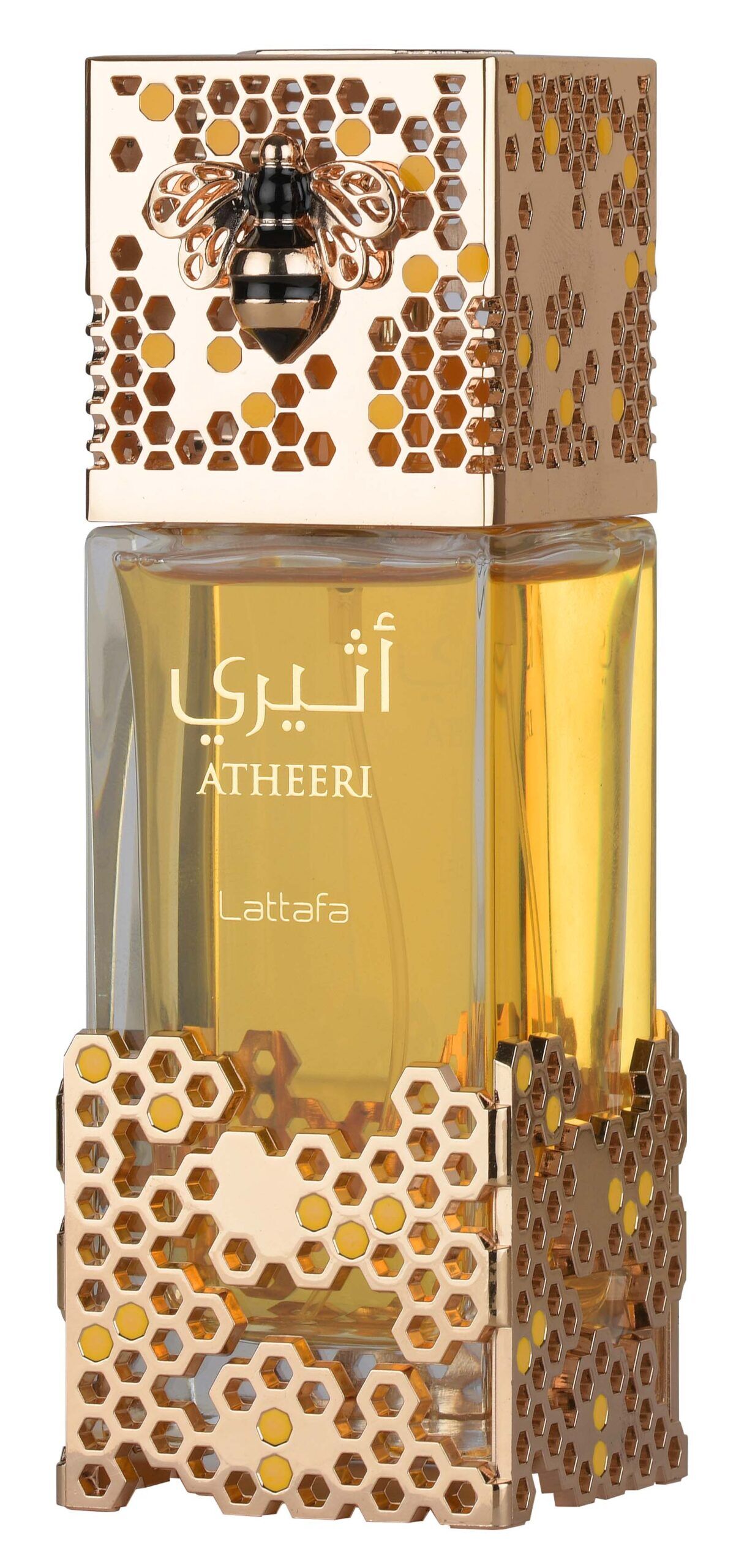 Atheeri Lattafa Eau de Parfum — frasco dourado colmeia